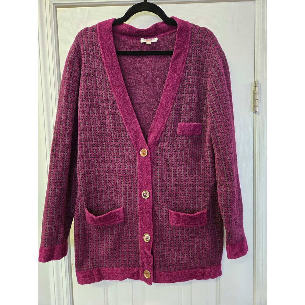 Ronny Kobo Lakota Sweater Magenta Purple Grid Knit Terry Trim Cardigan Large